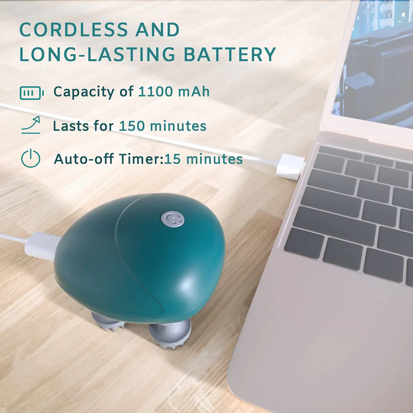 green Paws & Relax Wireless Massager  being charged on a laptop computer. text shows capacity etc. 