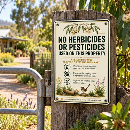 A rectangular metal sign mounted on a wooden post outdoors, reading 'NO HERBICIDES OR PESTICIDES USED ON THIS PROPERTY' with illustrated greenery and a small bird. The sign is photographed in a garden setting with plants, a gate, and a blurred house in the background.