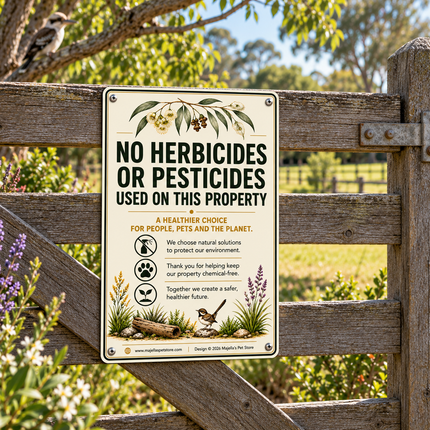 A rectangular printed sign mounted on a rustic wooden fence outdoors. The sign reads “NO HERBICIDES OR PESTICIDES USED ON THIS PROPERTY” with illustrated plants and small icons, and the brand/site text “www.
