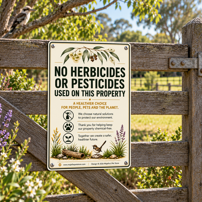 A rectangular printed sign mounted on a rustic wooden fence outdoors. The sign reads “NO HERBICIDES OR PESTICIDES USED ON THIS PROPERTY” with illustrated plants and small icons, and the brand/site text “www.