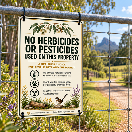 A rectangular printed sign hanging from a metal fence gate outdoors. The sign reads 'NO HERBICIDES OR PESTICIDES USED ON THIS PROPERTY' with illustrated plants, a bird, and small text about healthier choices for people, pets, and the planet.