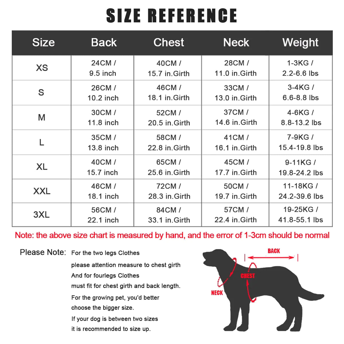 size chart from xs to 3xl 