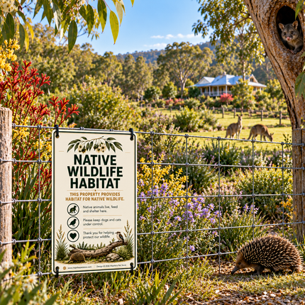 A rectangular metal sign reading 'Native Wildlife Habitat' with illustrations of a kangaroo and a bird, attached to a wire fence in a lush outdoor garden. A small quokka and a hedgehog are visible in the yard, with trees, flowers, and a house in the background.