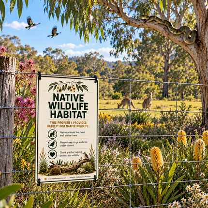 A rectangular sign reading 'Native Wildlife Habitat' hangs on a wire fence in a landscaped garden. The sign has natural illustrations and text about native animals and habitat protection.
