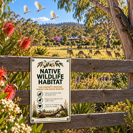 A rectangular metal sign reading "NATIVE WILDLIFE HABITAT" is mounted on a weathered wooden fence. The sign has a cream background with black text and green leaf illustrations.