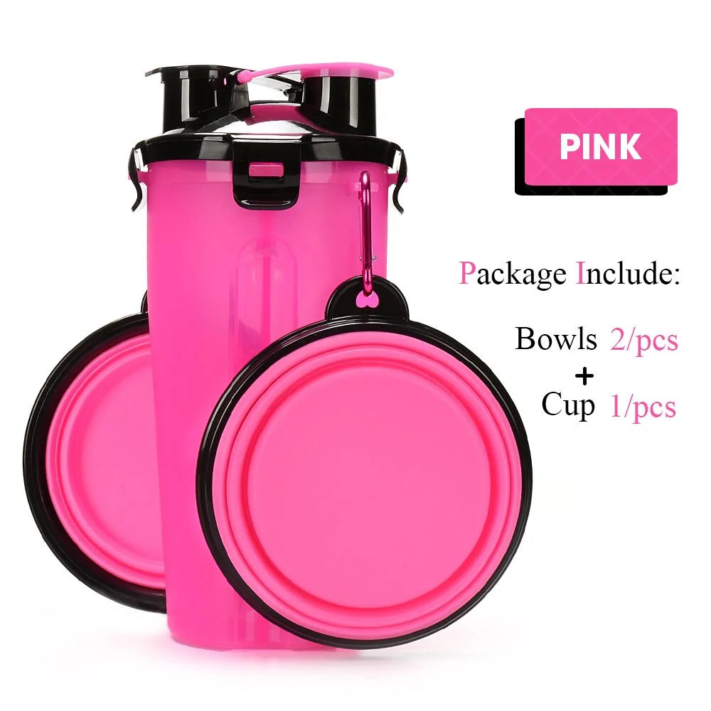 Pink  2-in-1 Pet Hydration and Snack Station on white background , showing two bowl option