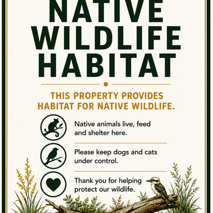 A decorative square sign with rounded corners reading “NATIVE WILDLIFE HABITAT” in large dark green text, with smaller text stating the property provides habitat for native wildlife. The sign includes illustrated greenery, a bird, a rodent, and a log at the bottom, plus small icons with labels.