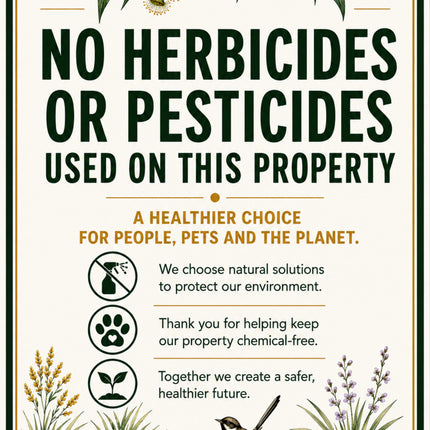 A square decorative sign with a cream background and green border, featuring the text 'NO HERBICIDES OR PESTICIDES USED ON THIS PROPERTY' in large dark green letters. The sign includes botanical illustrations at the top and bottom, plus three icon-based statements about natural solutions, pet-friendly assurance, and environmental protection.