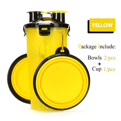 Yellow  2-in-1 Pet Hydration and Snack Station on white background , showing two bowl option