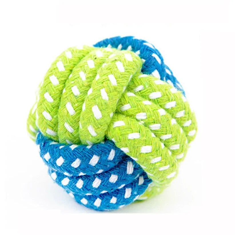 green and blue ball rope toy on a white background 