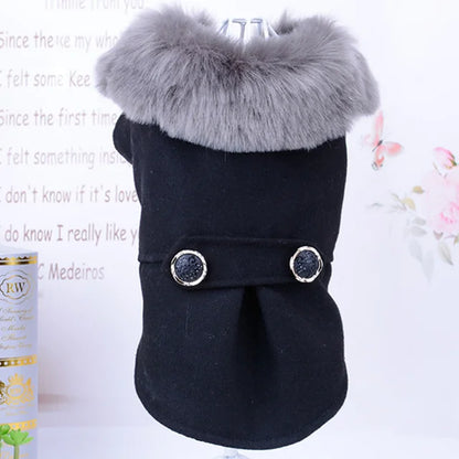 grey fur collared black pet jacket on a white background 