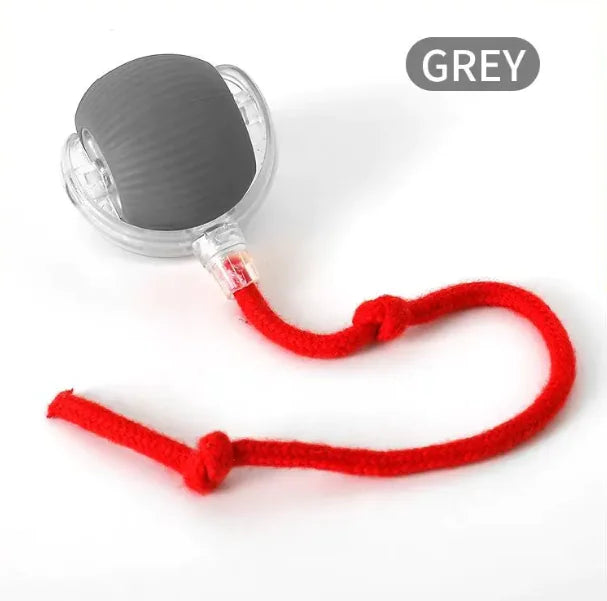 Grey Roll ‘n’ Pounce Cat Toy with red tail on white background