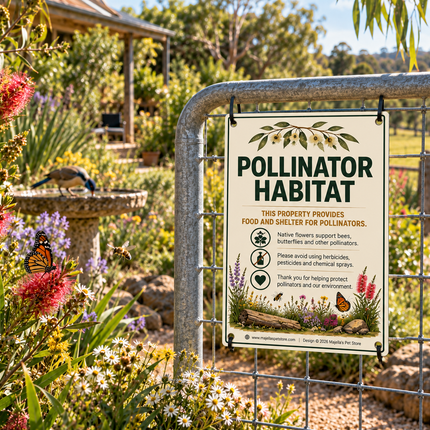 Pollinator Habitat sign cable-tied to a wire garden fence surrounded by colourful native flowers, bees, butterflies and an Australian honeyeater.