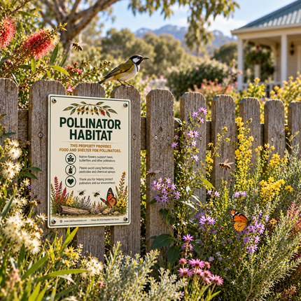 Pollinator Habitat sign attached too a picket fence surrounded by colourful native flowers, bees, butterflies and an Australian honeyeater.