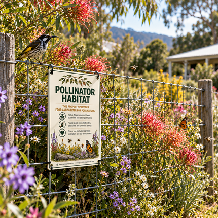 Pollinator Habitat sign cable-tied to a wire garden fence surrounded by colourful native flowers, bees, butterflies and an Australian honeyeater.