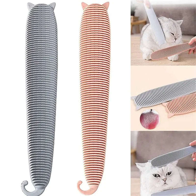 main image white background, two pet hair remover brushes in the forefront, one pink, one grey. Three insert images showing the product in use on a cat. 