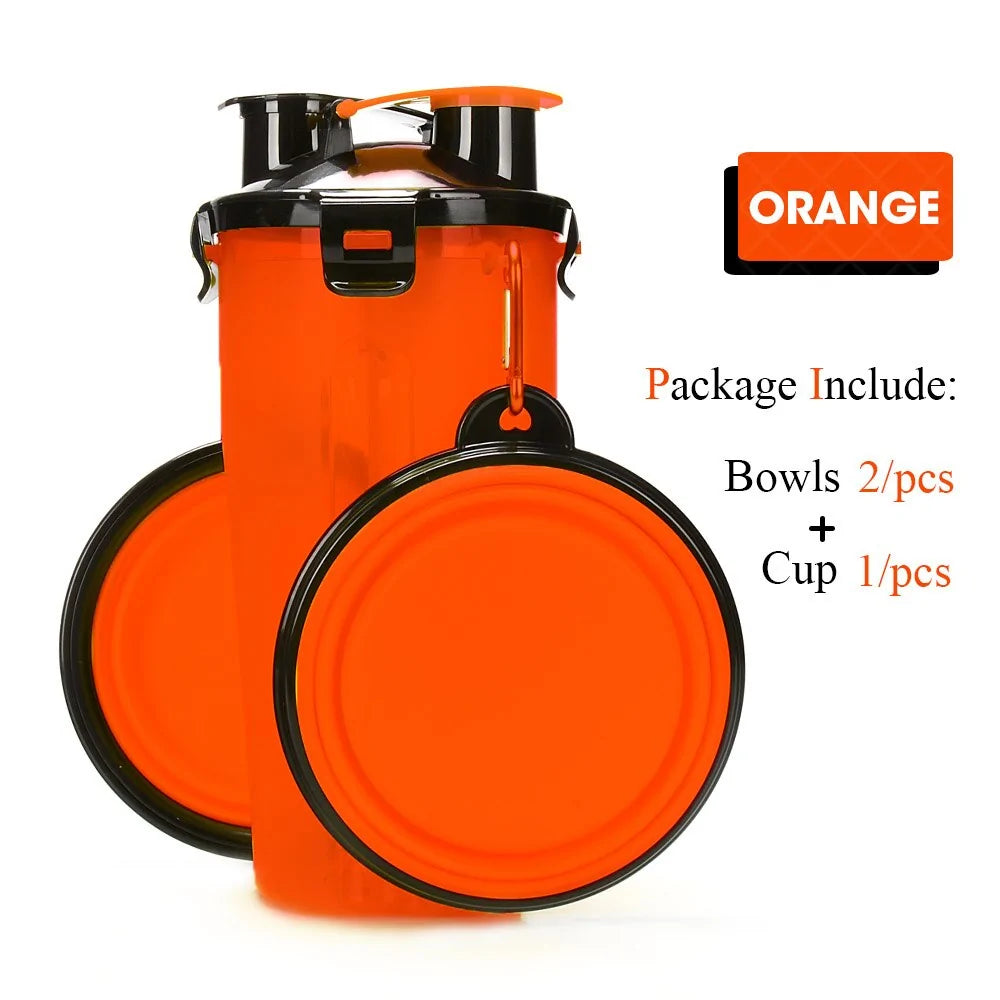 Orange  2-in-1 Pet Hydration and Snack Station on white background , showing two bowl option