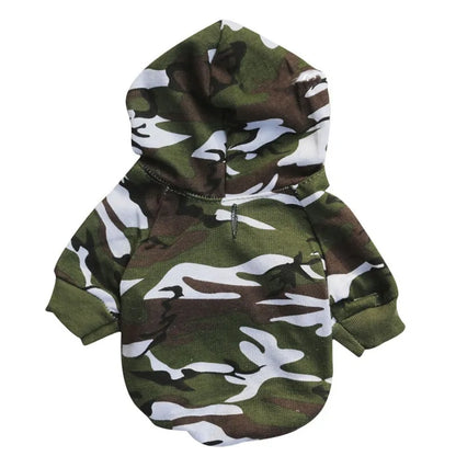 Camo patterned Stylish Pet Hoodie on a white background 