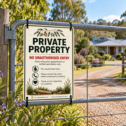 A rectangular 'PRIVATE PROPERTY' sign with black and red text, plus small green botanical illustrations, hanging on a metal gate in front of a rural property with a house and trees in the background.