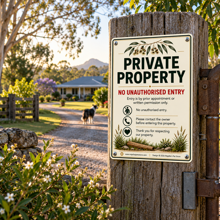 A wooden post displays a 'PRIVATE PROPERTY' sign with rules against unauthorized entry, set in a sunny, rural backyard with a dirt path, a dog, and green foliage in the foreground.