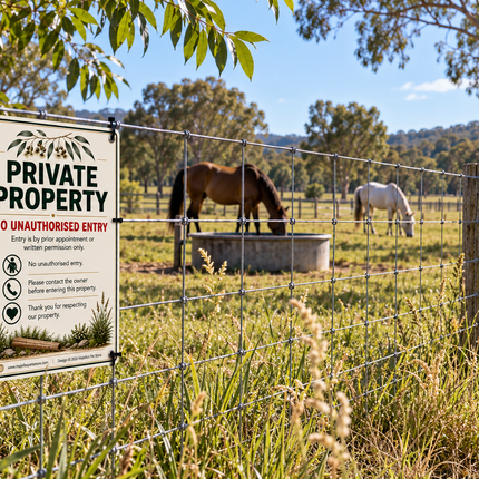 A wire fence with two signs in a rural outdoor setting, featuring a horse and a sheep in a paddock behind the fence under a blue sky.