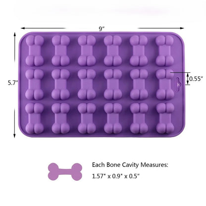 Purple Bone shaped treat mold on a white background, showing dimensions of the mold and each bone in inches. 