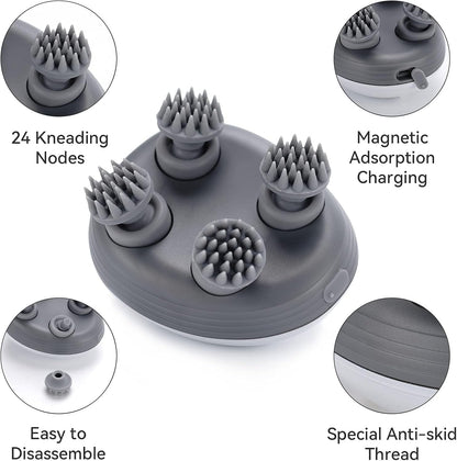 main image shows the underside of the Paws & Relax Wireless Massager on a white background. smaller images are inset to show various freatures - kneading nodes, charging port, anti-skid thread. 