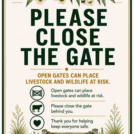 A rectangular warning sign with a cream background, dark green border, and illustrated green leaves and a wooden gate at the bottom. The sign reads “PLEASE CLOSE THE GATE” in large dark green letters, with smaller text explaining that open gates can place livestock and wildlife at risk, plus three icon-based reminders and a thank you message.