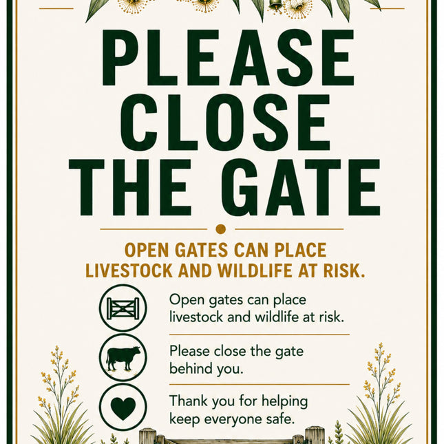 A rectangular warning sign with a cream background, dark green border, and illustrated green leaves and a wooden gate at the bottom. The sign reads “PLEASE CLOSE THE GATE” in large dark green letters, with smaller text explaining that open gates can place livestock and wildlife at risk, plus three icon-based reminders and a thank you message.