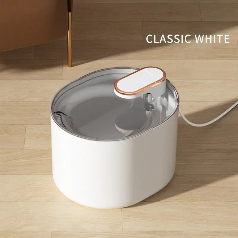 white Elegant Automatic Pet Water Fountain with Smart Sensor in a home setting on a beige floor. 