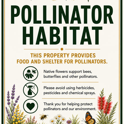 A decorative rectangular sign with rounded corners reading 'POLLINATOR HABITAT' in large dark green letters. The sign has an off-white background, illustrated green leaves and flowers across the top and bottom, and a butterfly near the lower right.