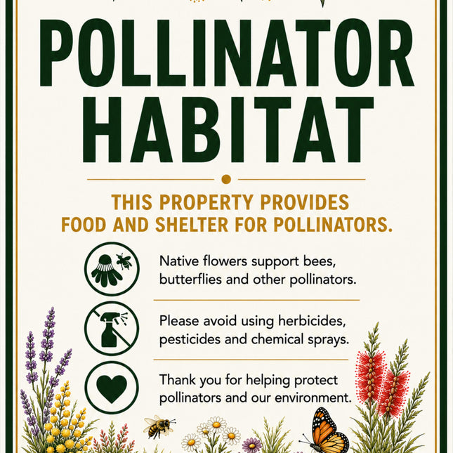 A decorative rectangular sign with rounded corners reading 'POLLINATOR HABITAT' in large dark green letters. The sign has an off-white background, illustrated green leaves and flowers across the top and bottom, and a butterfly near the lower right.