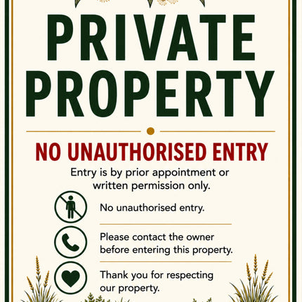 Private Property – No Unauthorised Entry Sign