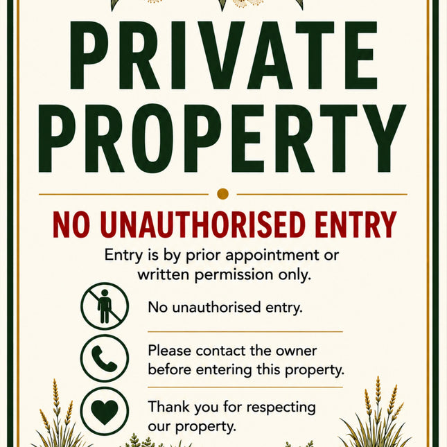 Private Property – No Unauthorised Entry Sign