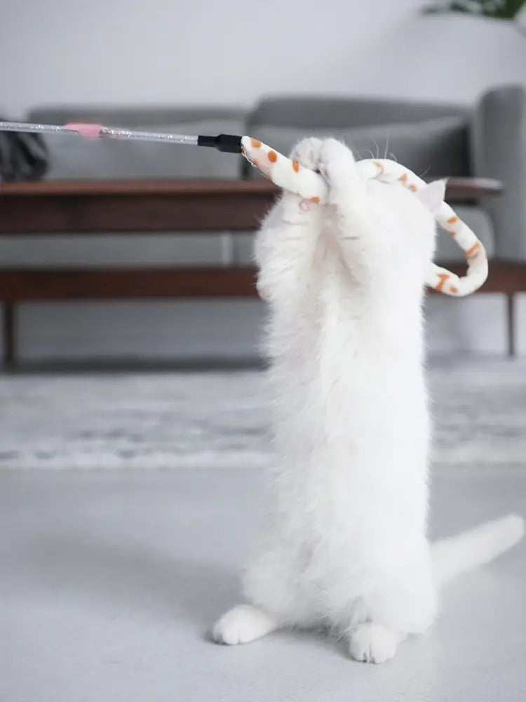 White kitten plays with a Purrfect Pounce Teaser Wand in a home setting