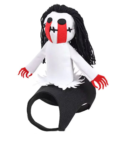 Scary Doll figure mounted on black base, white background. 
