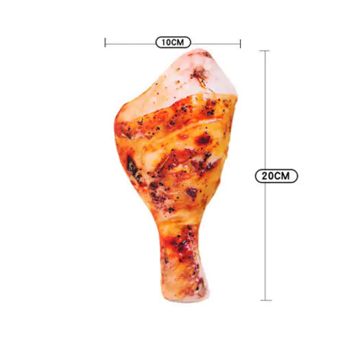 chicken leg style canvas pet toy with dimensions on white background. 