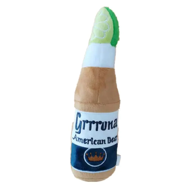 beer bottle dog play toy on white background