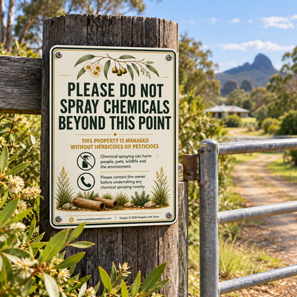 A rectangular warning sign mounted on a wooden post at a fence, with a rural outdoor scene in the background. The sign reads, 'PLEASE DO NOT SPRAY CHEMICALS BEYOND THIS POINT' with pesticide warning icons and illustrations.