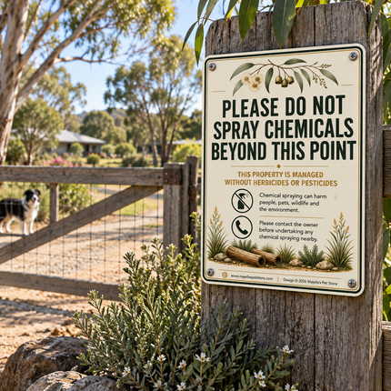 A rectangular metal warning sign mounted on a weathered wooden post, reading 'PLEASE DO NOT SPRAY CHEMICALS BEYOND THIS POINT' with herbicide/pesticide icons and small botanical illustrations. The sign is photographed outdoors in a garden or farm setting with shrubs, trees, a fence, and a dog visible in the background.