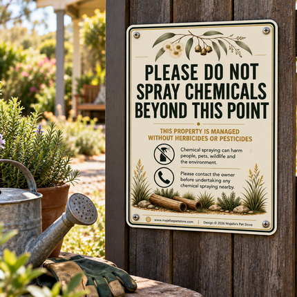 A rectangular warning sign with botanical illustrations reads 'PLEASE DO NOT SPRAY CHEMICALS BEYOND THIS POINT' and is mounted on a wooden fence in a garden setting. A watering can, gloves, and plants are visible in the blurred background.