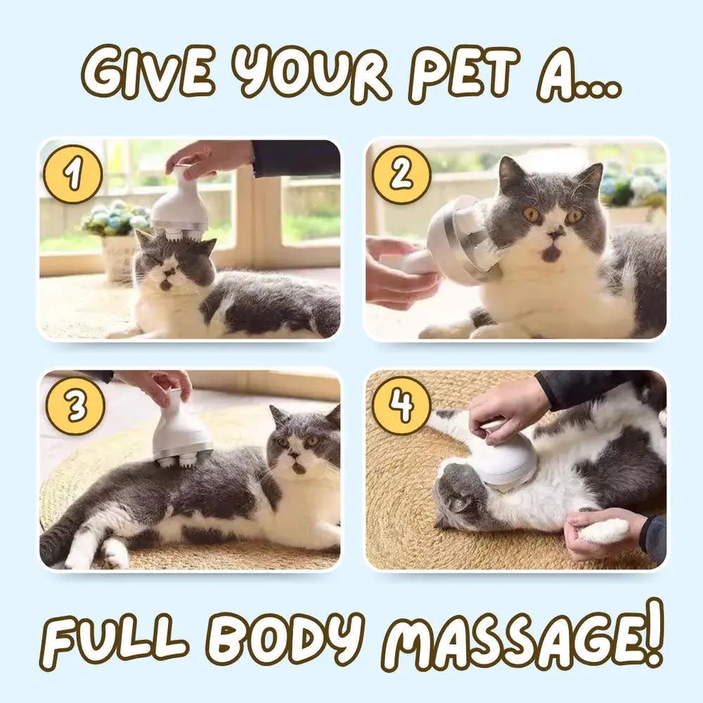 four images showing a grey and white cat having a massage in a home setting, using the Serene Paws Electric Massager. Text reads 'Give your pet a full body massage!'  