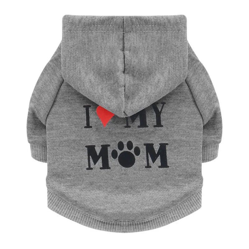 Grey 'I love my Mom' Stylish Pet Hoodie on a white background. The word Love is depicted by a red heart and the 'o' in the word mom is depicted with a pawprint. 