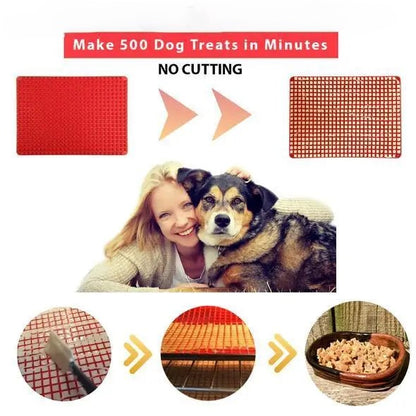 various images on a white background - red silicone pet treat mold, the mold filled with food, the mold being filled, mold in the oven, a bowl full of treats, centre image of a woman with a dog. 
