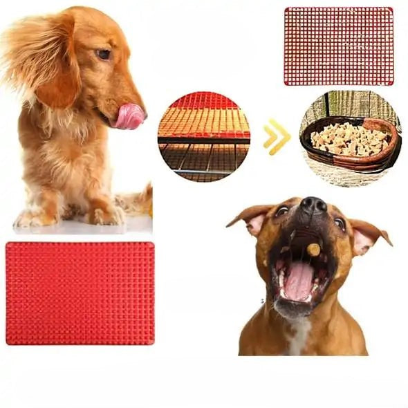 various images on a white background - long haired dachshund licking his mouth, treats in the mold in the oven, treats in a bowl, a red silicone pet treat mold and a dog catching a treat in it's mouth.  