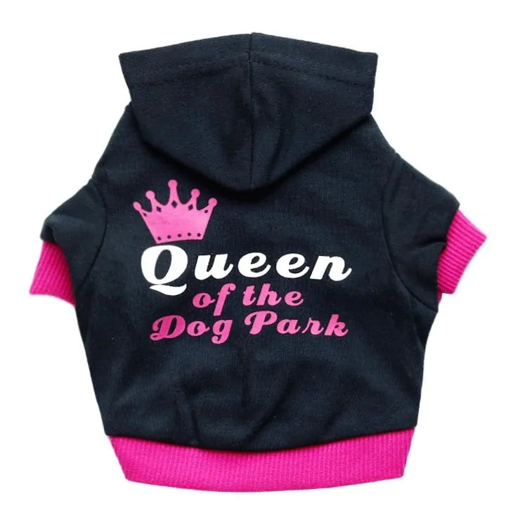 Black and pink 'Queen of the Dog Park' Stylish Pet Hoodie on a white background 