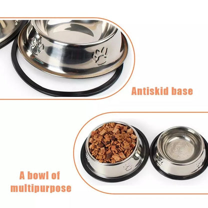 Hygienic Non-Slip Stainless Pet Bowls on a white background, showing food and water, non-slip base. 