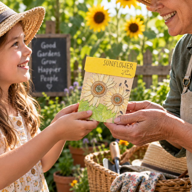 A woman and a young girl smile while holding a seed packet labeled 'Sunflower' in a sunny garden with sunflowers and gardening tools in the background.