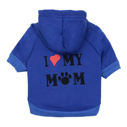 Royal Blue 'I love my Mom' Stylish Pet Hoodie on a white background. The word Love is depicted by a red heart and the 'o' in the word mom is depicted with a pawprint. 