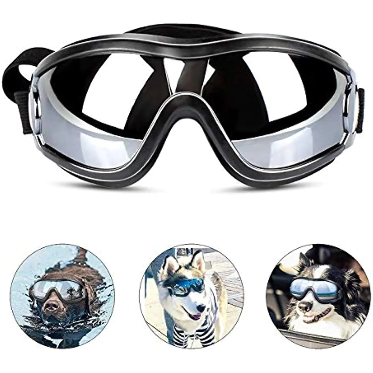 main image black goggles on white background, three insert images of a brown Labrador swimming wearing the goggles, a Husky in a black and white striped shirt and black goggles, and a black and white dog, looking out a car window, wearing goggles. i